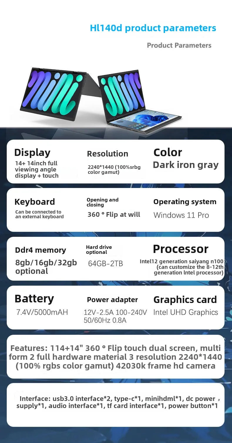 2025 Hot Selling Brand New TouchYoga Professional Portable Gaming Laptop 2-in-1 14+14 Dual Touch Screens Intel Metal English