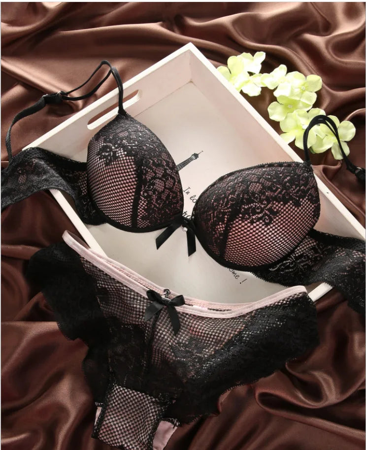Femme Underwear Set Sexy Panties Lace Lingerie Push Up Thin 3/4 Cup Bralette Hollow Out Briefs Bra Panty Beauty Back Top Bottoms