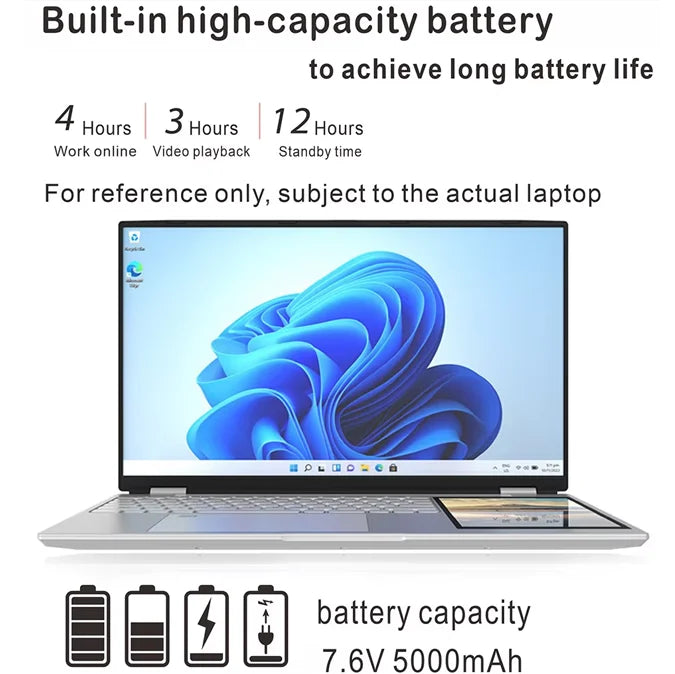 HD dual screen 15.6 inch laptop + 7-inch touch screen Office computer business laptop wholesale N100 16G 1T computer