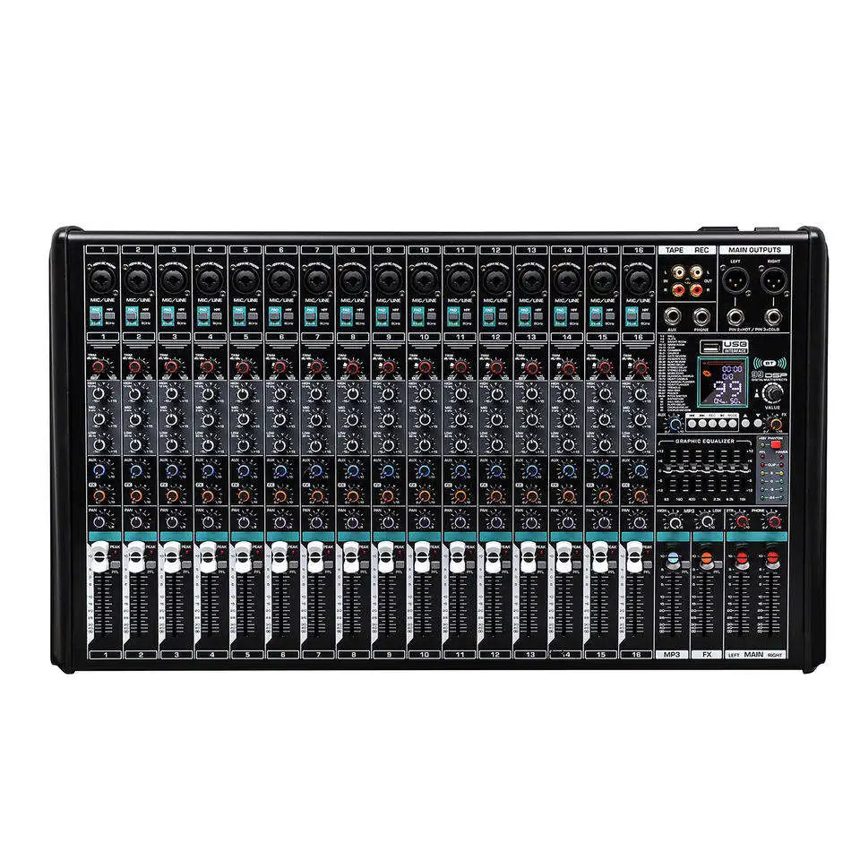 KM-16 16-Channel DSP Professional Audio DJ Mixer USB Console for Studio Equipment Sound Recording with Metal Material Speakers