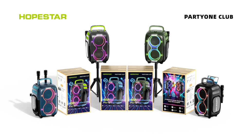 HOPESTAR Partyone Club 650W Outdoor High-Power Wireless for Speaker IPX-6 Waterproof 2 Mic Ready Colorful