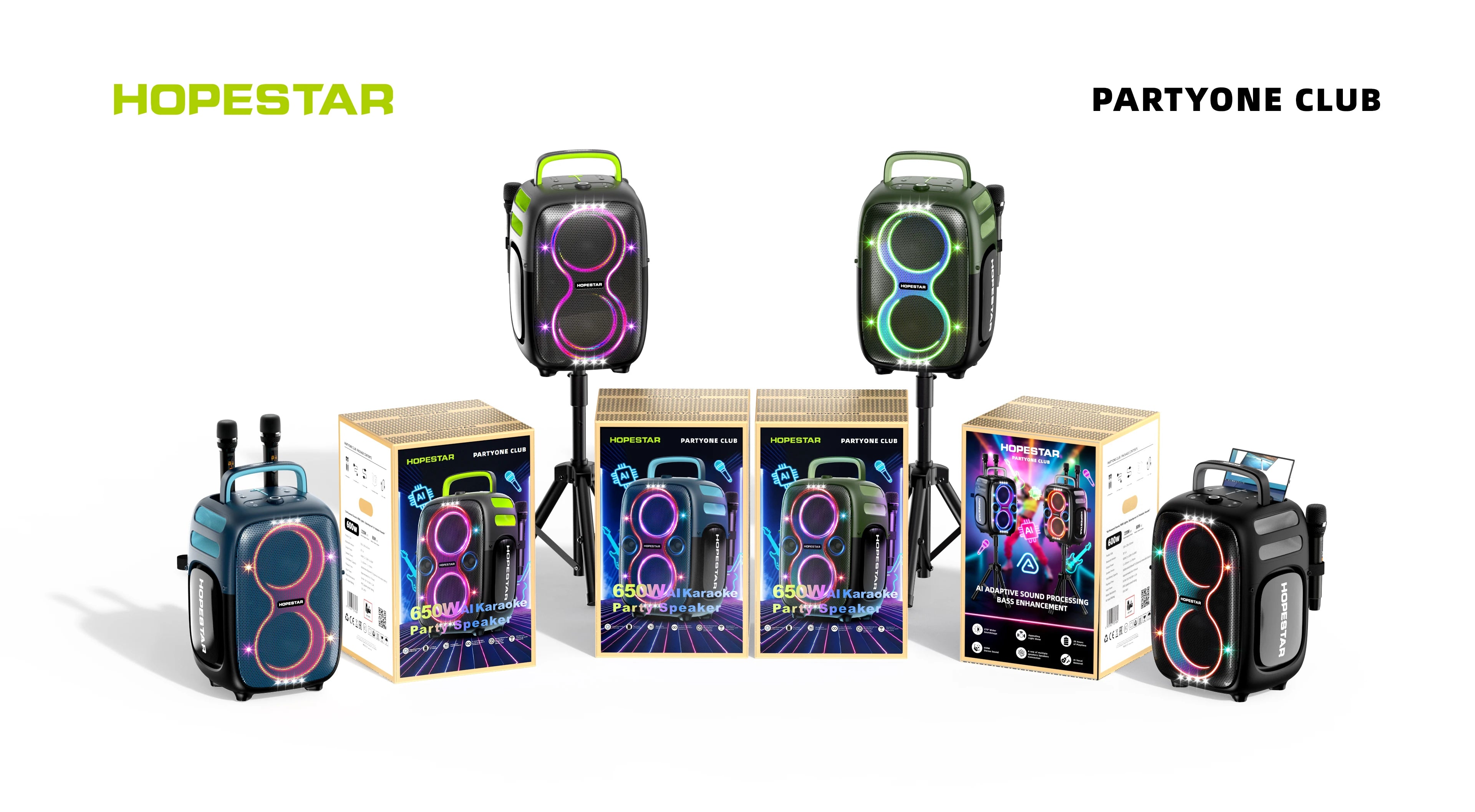 HOPESTAR Partyone Club 650W Outdoor High-Power Wireless for Speaker IPX-6 Waterproof 2 Mic Ready Colorful