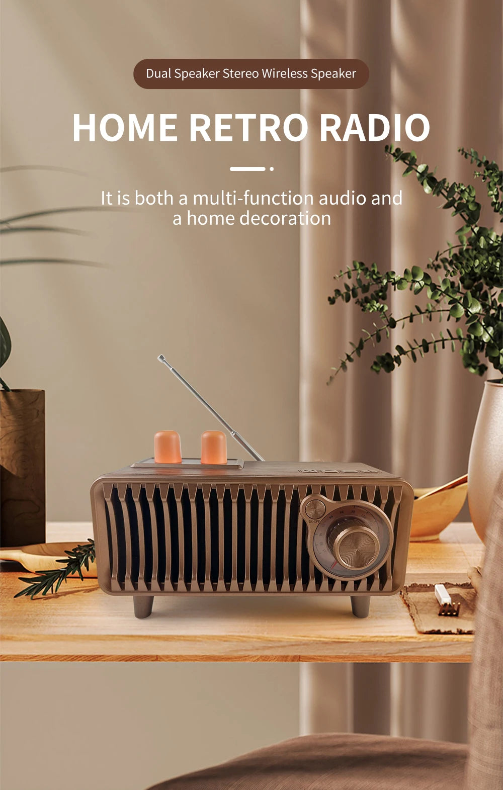 CYB-T7 20W Wooden Vintage Speaker - FM Radio, Wireless BT, TWS Pairing, AUX/TF/USB, Rotary Knob