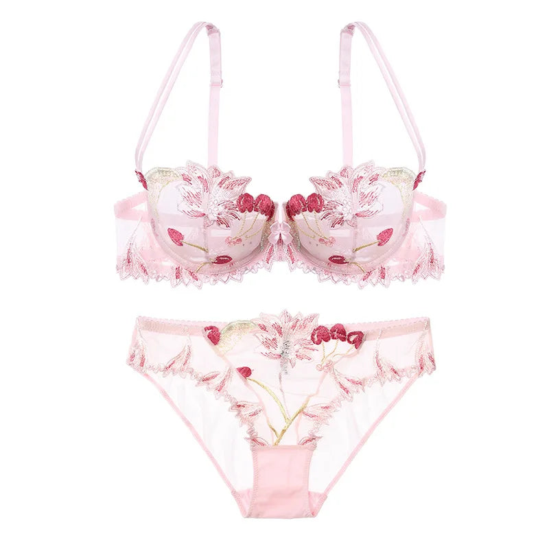 Women Sexy Bra And Panty No Padded Invisible Underwire Bra Sets Lace Embroidered Briefs Underwear Lingerie Set Plus Size 90D