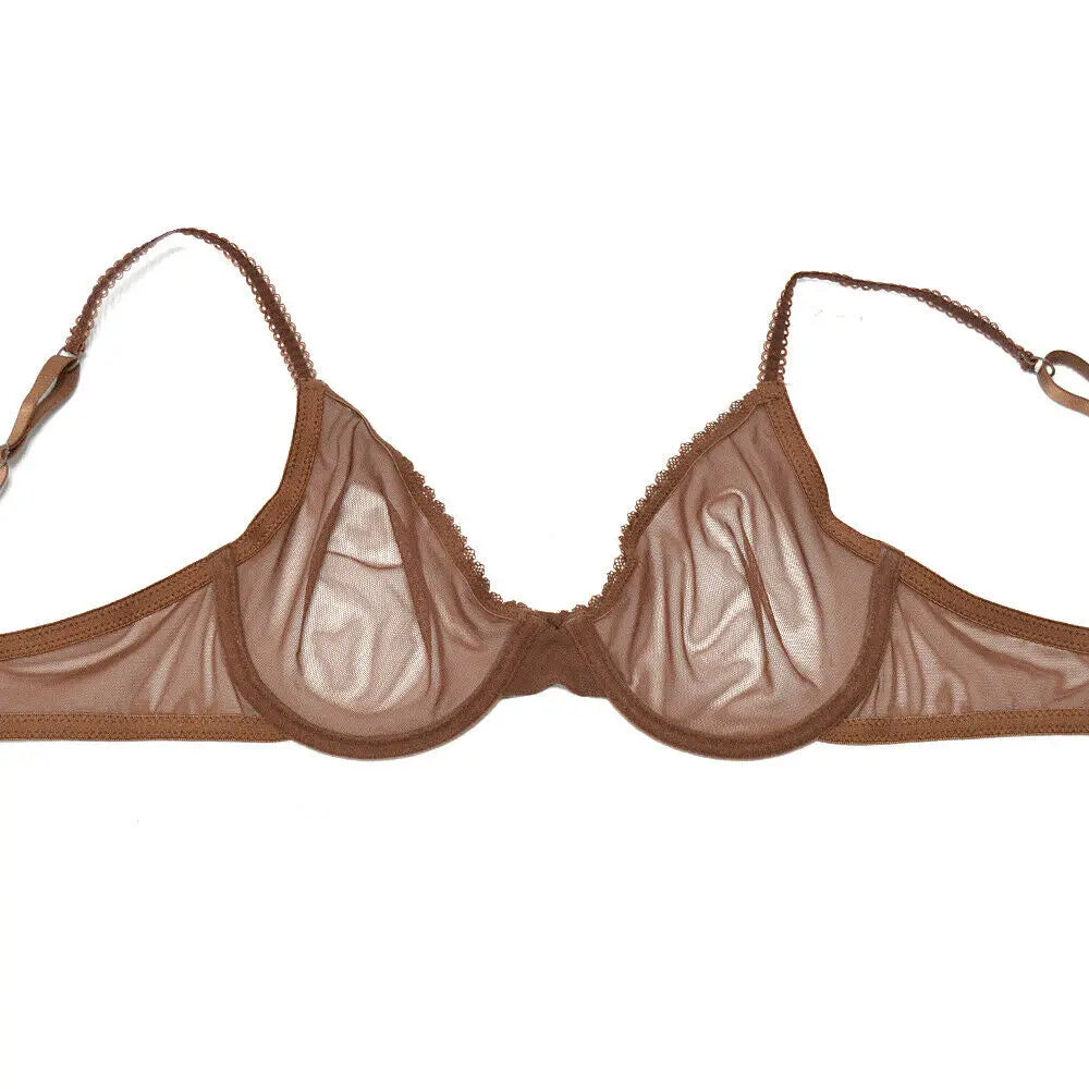 YANDW Brown Bras Panties Sale Separated Transparent Mesh See Through Stretch Women Sexy Lingerie Big Plus Size BH Set 3 Colors