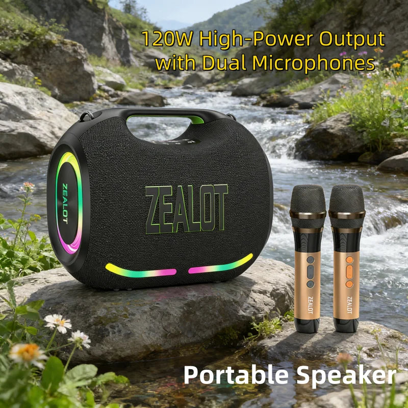 ZEALOT 120W High-Power Waterproof Party Speaker with RGB LED Lighting & 2 Microphones for Home & Corporate Events ZE01