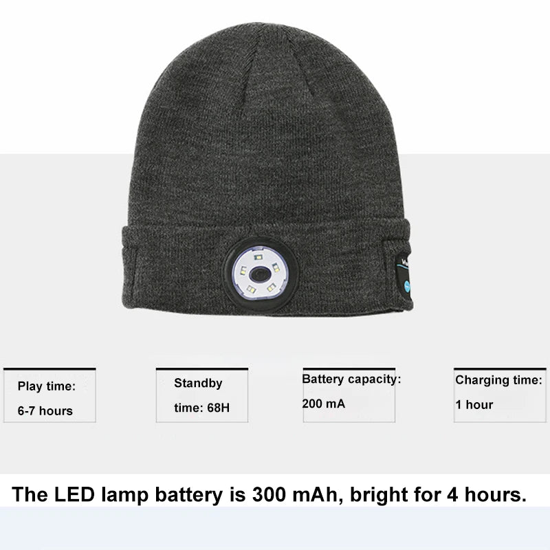 Warm Beanie Bluetooth 5.0 LED Hat Wireless Stereo Headset Music Player with MIC for Handsfree Support Dimming Rechargeable