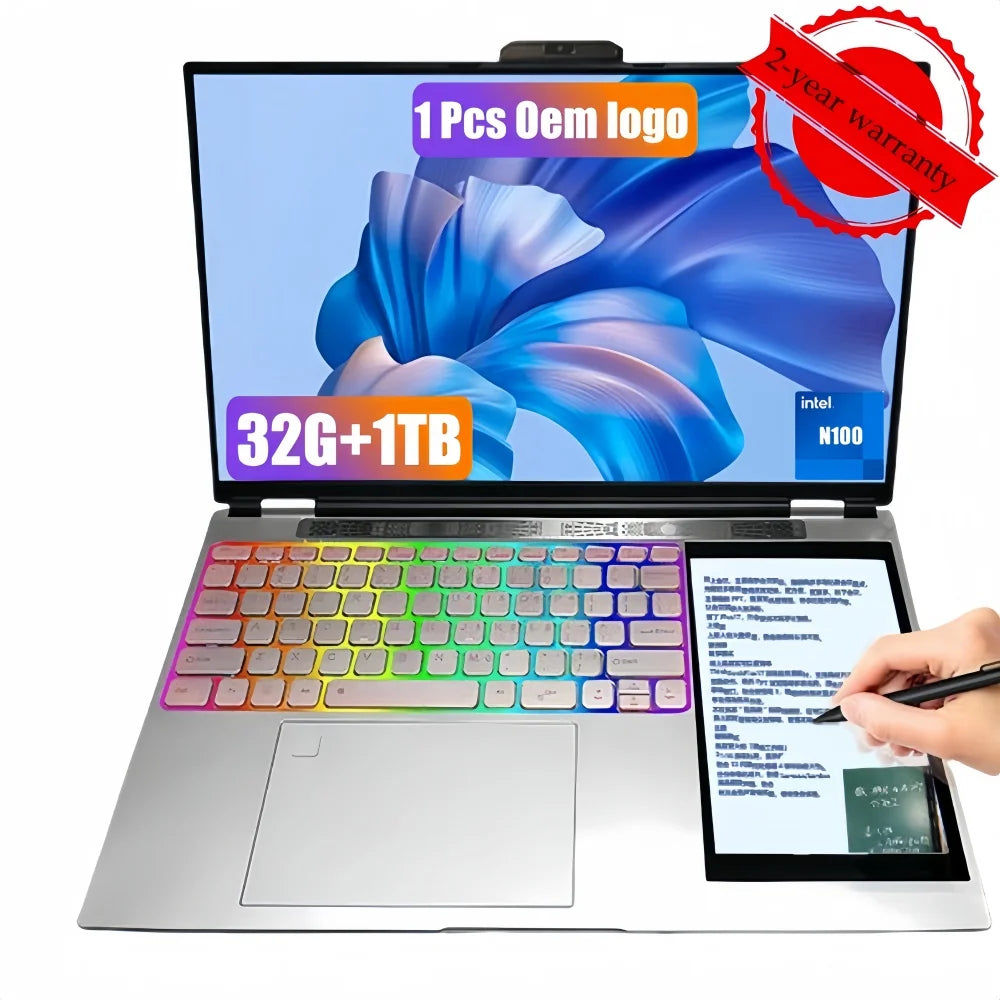 New 15.6"+7" Inch IPS 1080P OEM Intel Celeron N95 Quad Core 500GB SSD Custom Business Dual Screen Touch Wireless Office Laptop