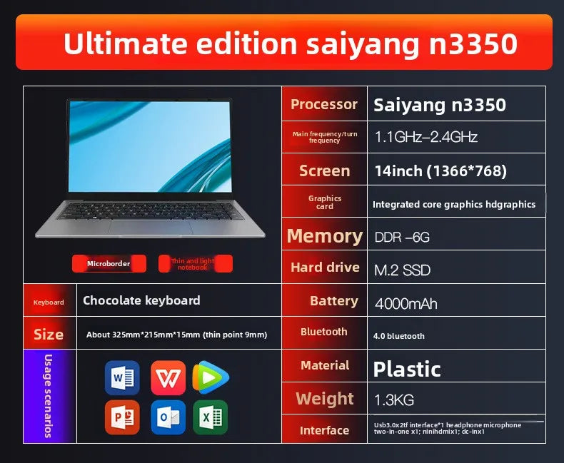Best Selling 2025 14-Inch Business Office Laptop with Intel N3350 Processor 1TB SSD IPS Panel Camera CN Plug DUAL FAN Cooling