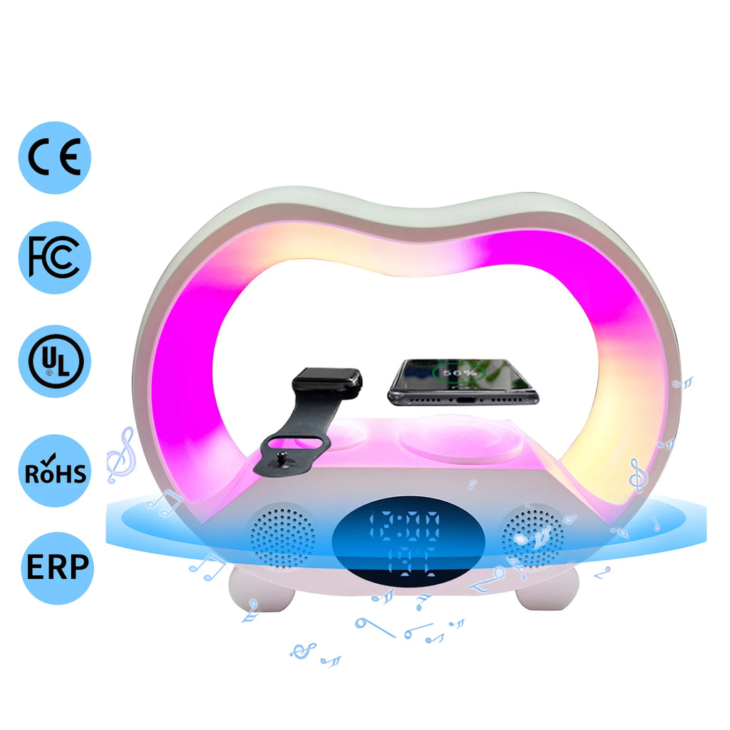 New Model Led Rgb Lamp Dock 5 in 1 Music Wireless Speaker Wireless Charger Lamp Mobile Phone Fast Charging RGB Alarm Clock