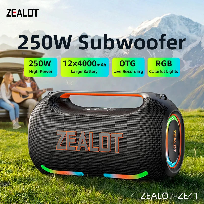 ZEALOT ZE41 250W Portable Speaker IPX6 Waterproof Speaker with RGB Light, OTG, EQ, APP, Powerful Bass Outdoor Speaker for Party