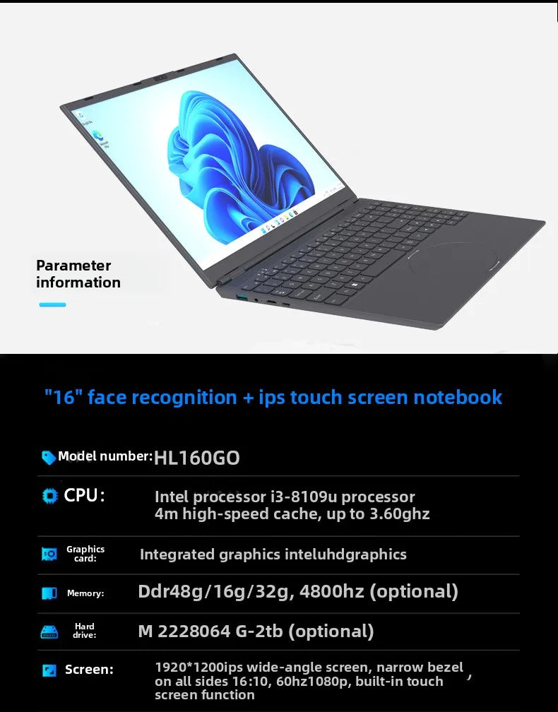 High Quality 16 Inch Win 11 Business Laptop 32GB 1TB SSD Intel I3 8109U Processor English Keyboard IPS Panel 165Hz New