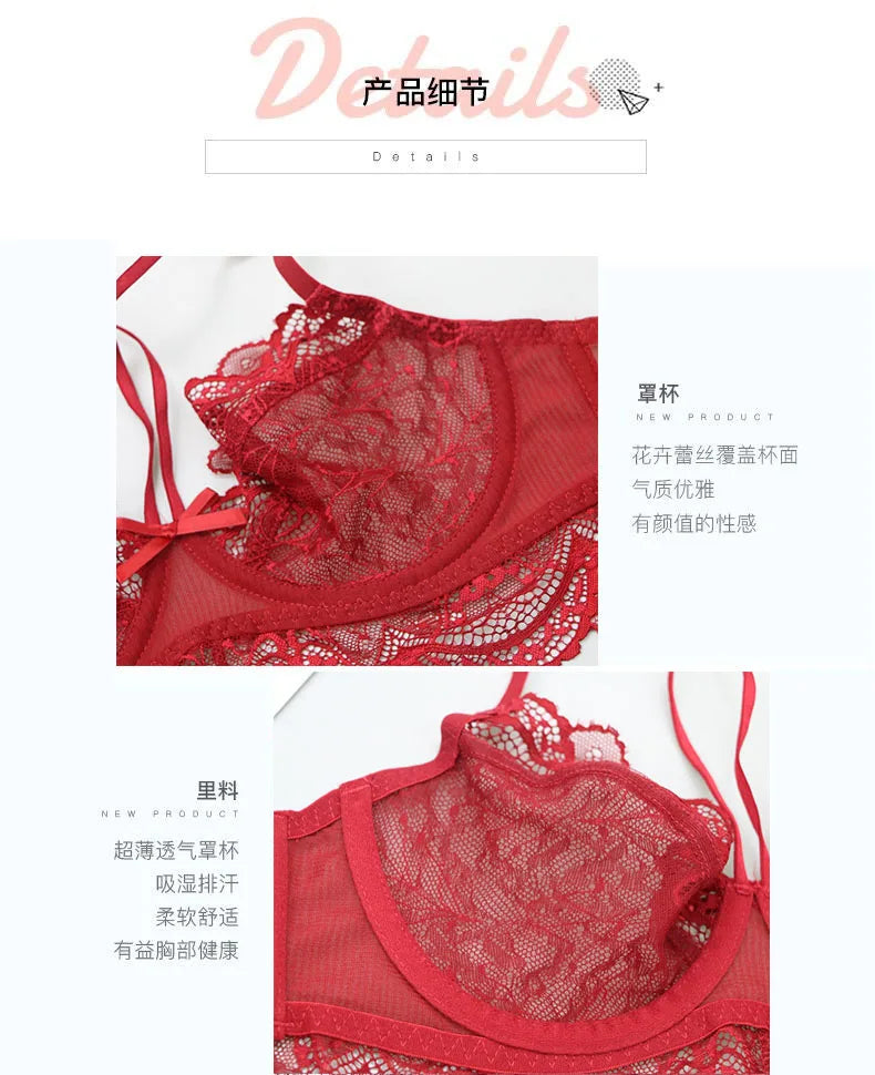 2021 New Ultra-Thin Thick Bra Panty Sets 34/75 36/80 38/85 40/90 42/95 BCD Cup Embroidery Female Underwear Plus Size Lingerie