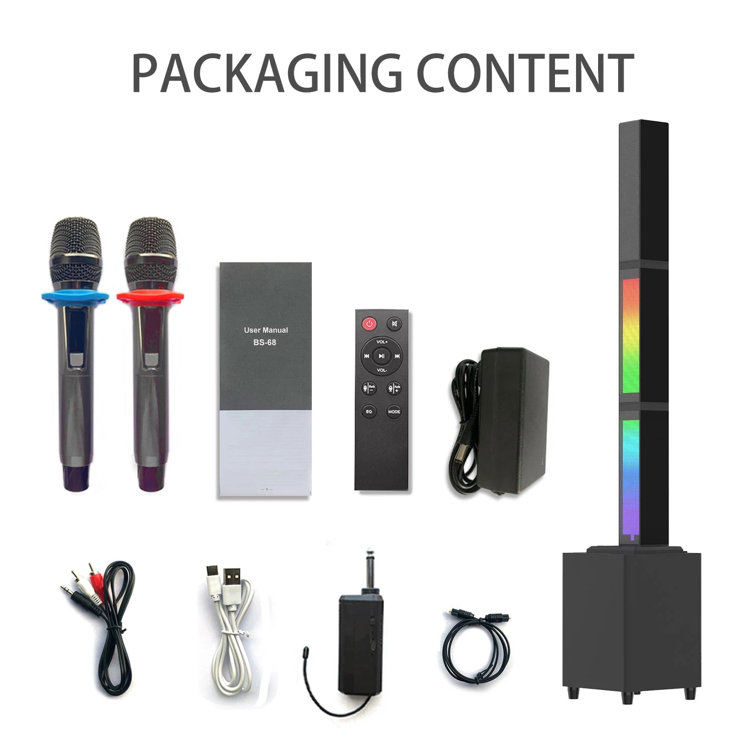 BS-68 45W Karaoke TV Soundbar with Subwoofer, RGB Lighting, 2 Wireless Microphones, Home Theater Party Speaker