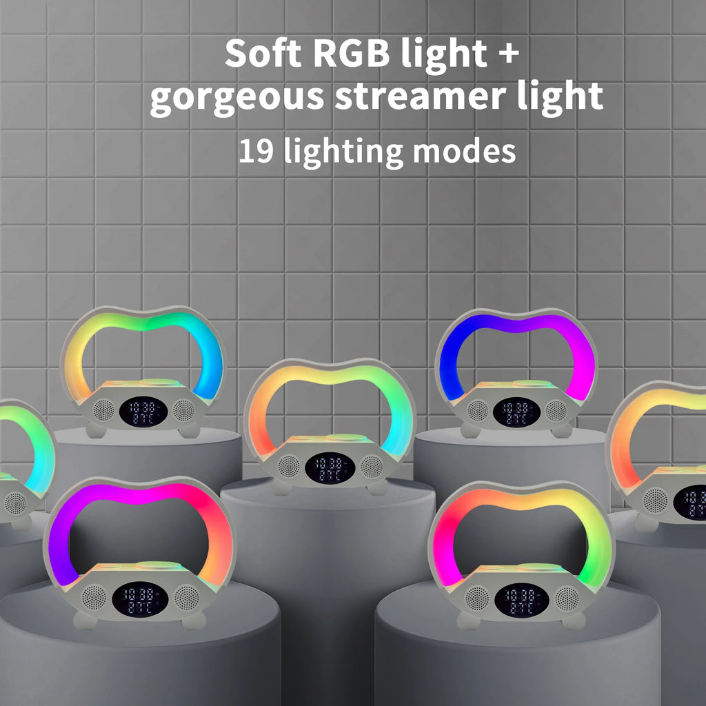New Model Led Rgb Lamp Dock 5 in 1 Music Wireless Speaker Wireless Charger Lamp Mobile Phone Fast Charging RGB Alarm Clock