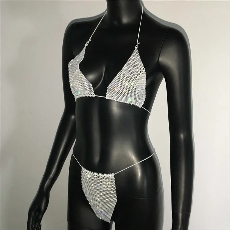 Bling Rhinestones Bra Panty Set Women Sexy Halter Bra Sexy Panty Two Piece Set Summer Beach Outfits Party Club Matching Sets