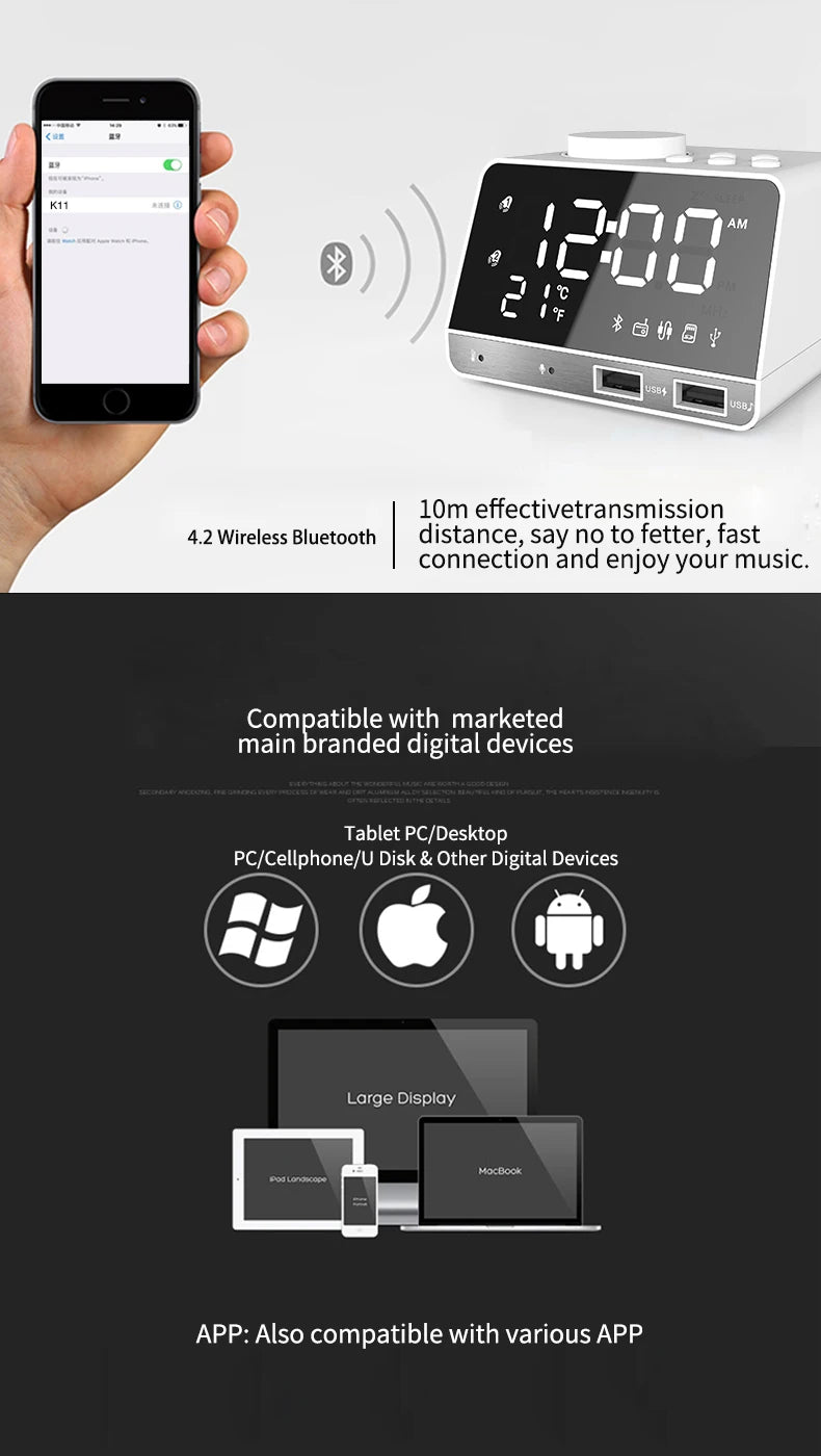 2026 NEW Alarm Clock Phone Charging Dock Station Speaker Wireless Support AUX Cable TF Card for Bedroom Student and Hotel