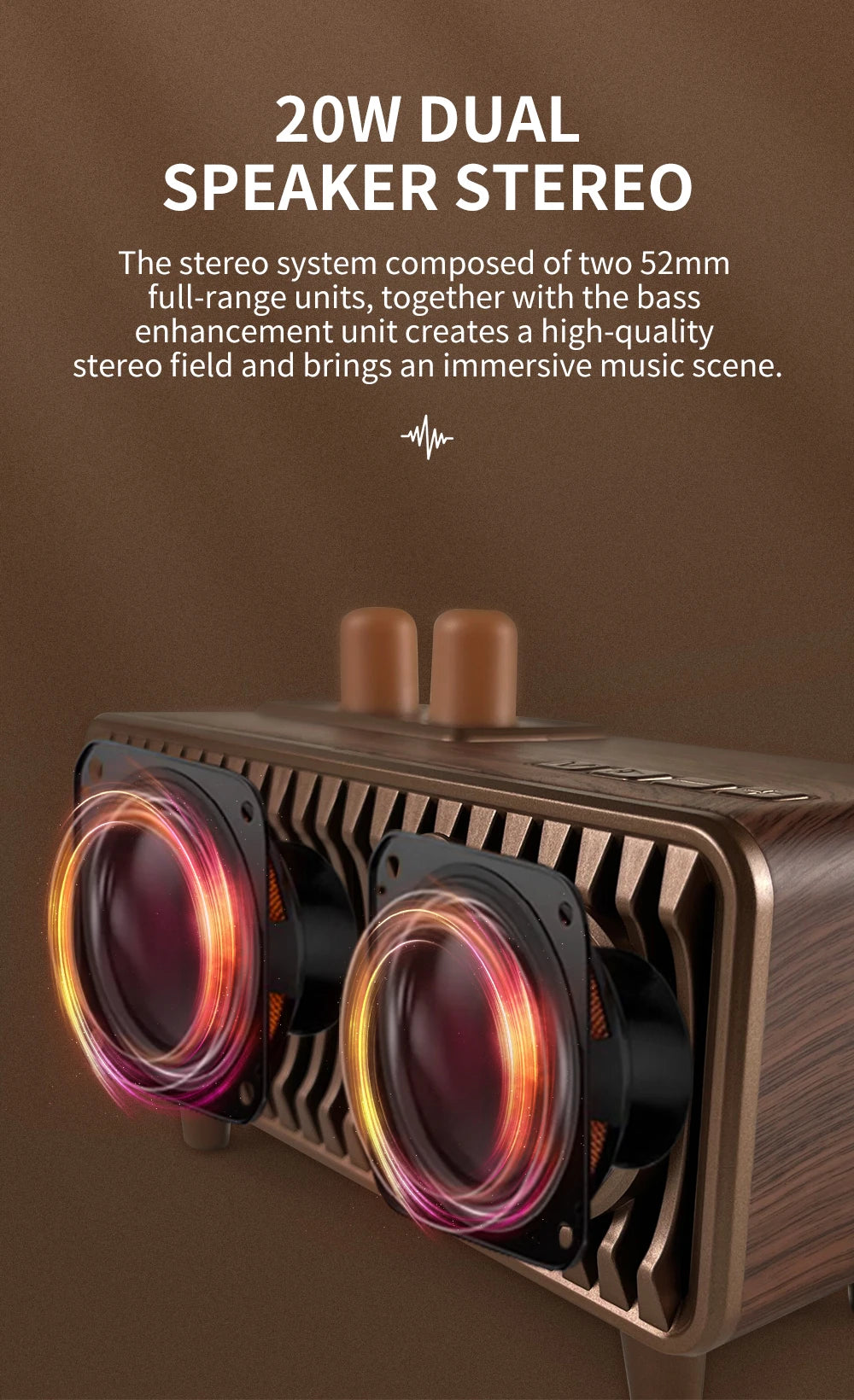 CYB-T7 20W Wooden Vintage Speaker - FM Radio, Wireless BT, TWS Pairing, AUX/TF/USB, Rotary Knob