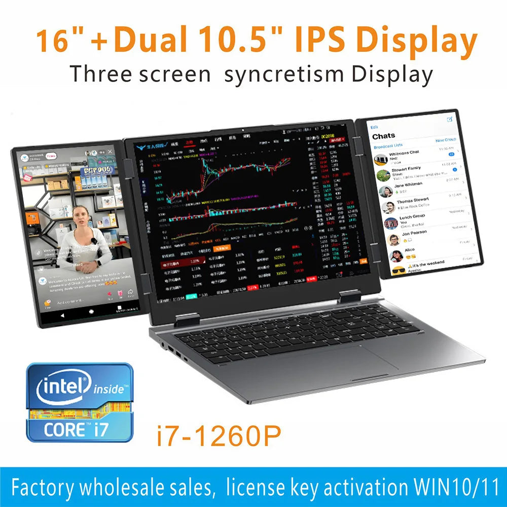 16+10.5+10.5 Inch Three Screen Gaming Laptop Intel I7 1260P Face Unlock High Performance Multi Screen Notebook for Gaming & Work