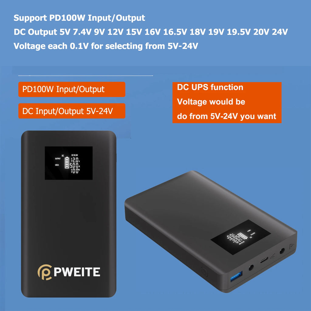 PWEITE DC UPS Power Bank 12V 3A PD 100W DC Output 15V 19V 20V 24V 12V 3.75A 4A 5A PowerBank for Wifi Router Laptop CPAP Dashcam