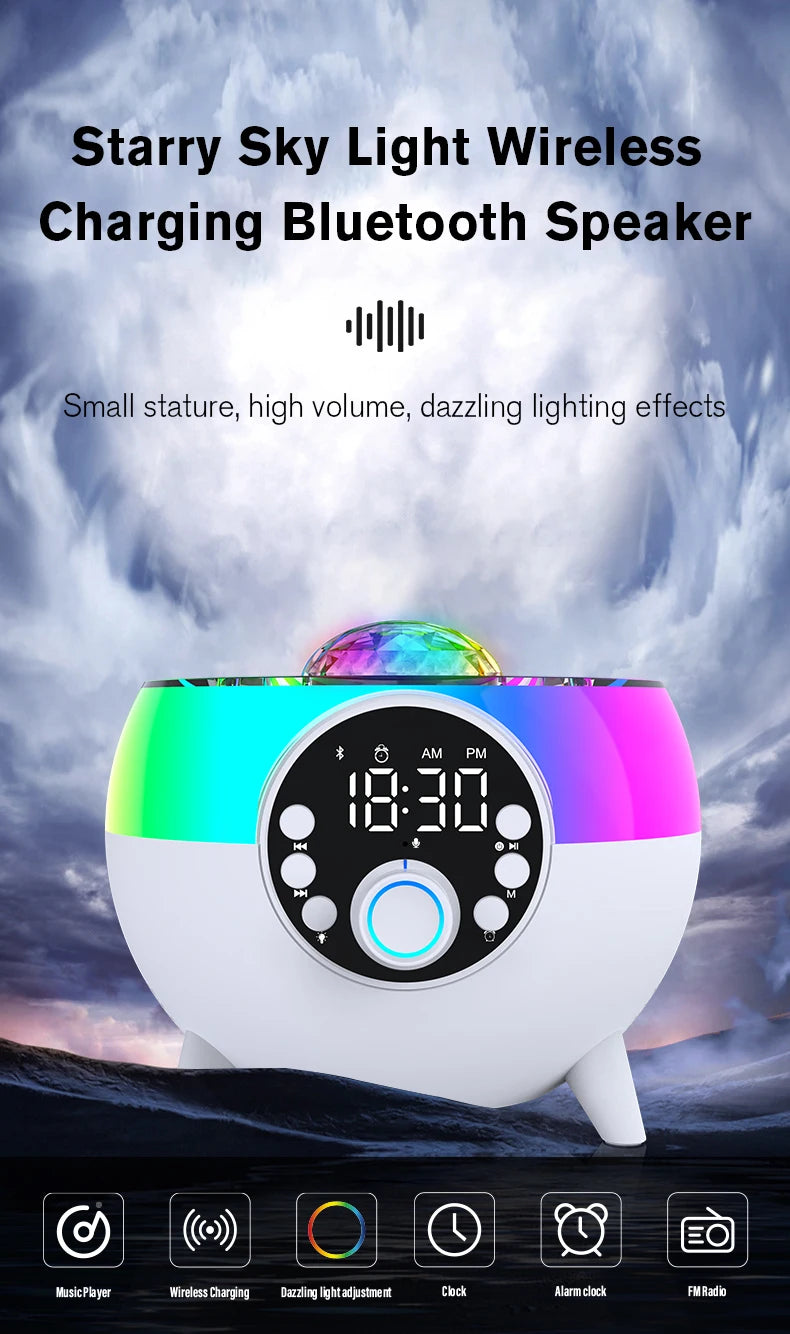 All-In-One Mini Wireless Charging Speaker with Bluetooth LED Lighting AUX Input FM Radio Clock Alarm ABS-Starry Sky Edition