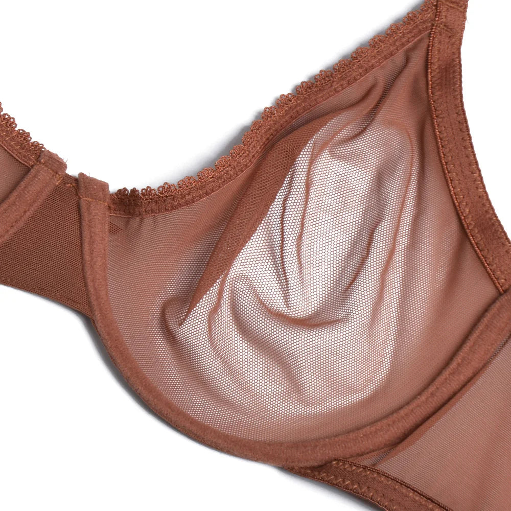 YANDW Brown Bras Panties Sale Separated Transparent Mesh See Through Stretch Women Sexy Lingerie Big Plus Size BH Set 3 Colors
