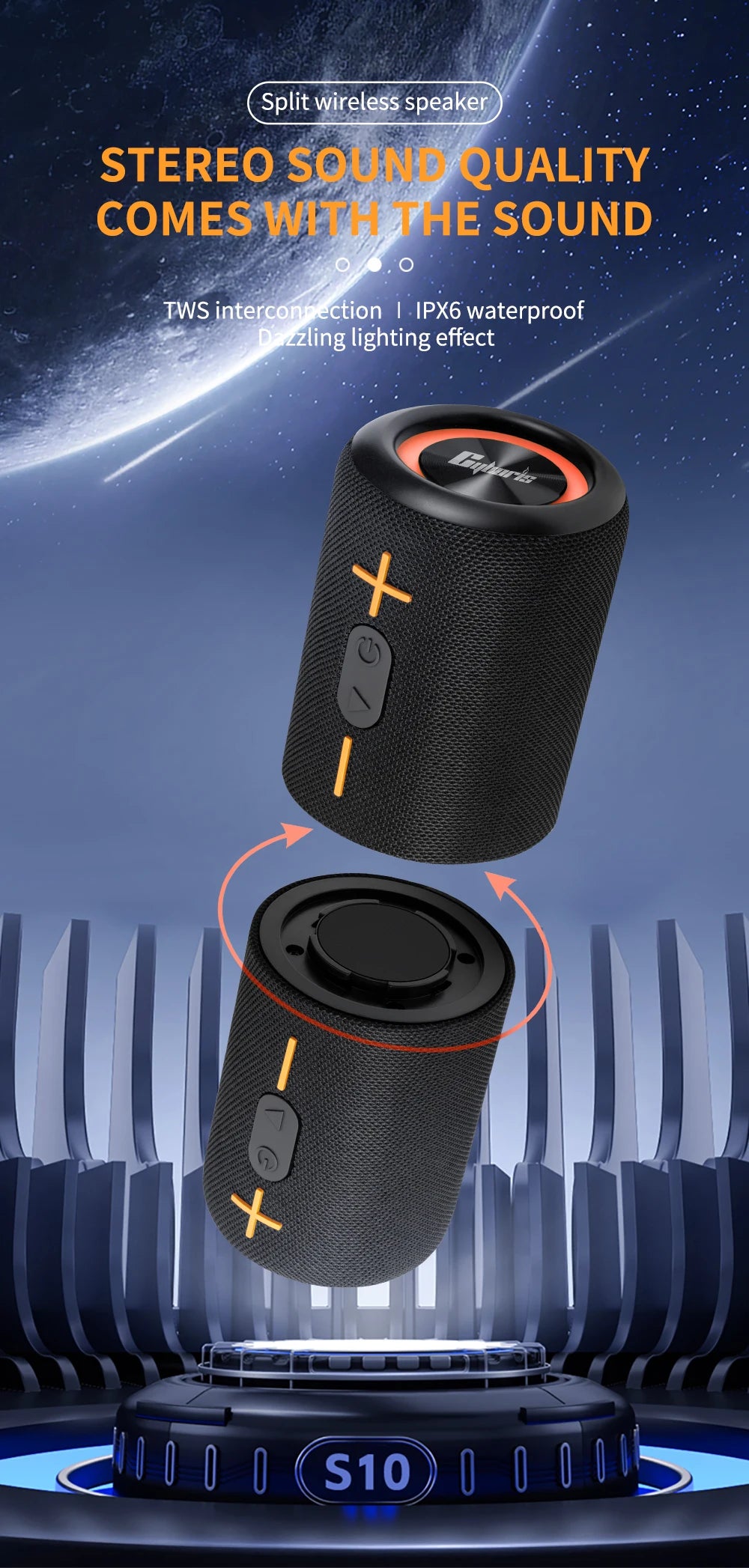 2 in 1 S10 Detachable Portable Blue Tooth  Speaker 3D Stereo Bass Wireless Speaker IPX6 Waterproof ,TWS BoomBox Colorful Lights