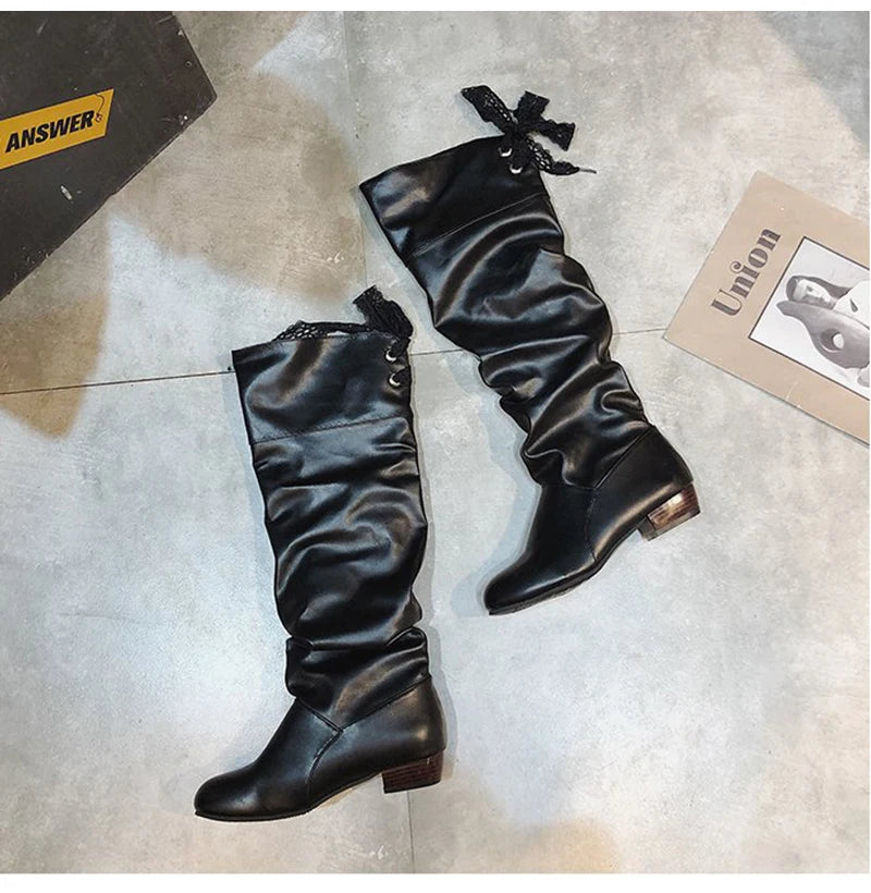 Shoes For Women 2022 Spring Knee High Boots Red Black White Tall Boots Woman Pleated Low Heel Casual Leather Female Long Shoes