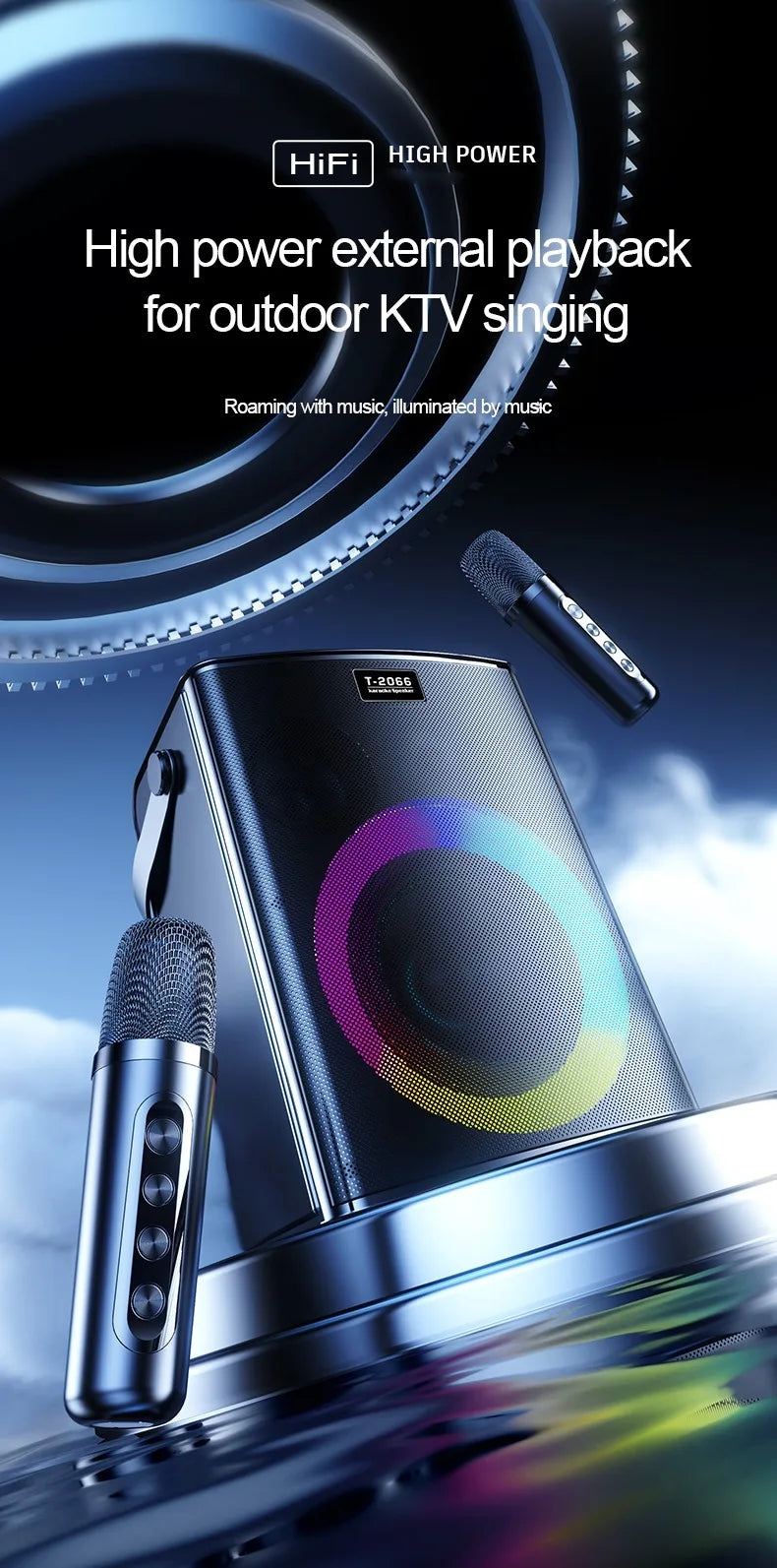 Bluetooth speaker, Karaoke machine, 30W, super colorful LED RGB lighting effect, with 2 wireless microphones and 5 sound effects