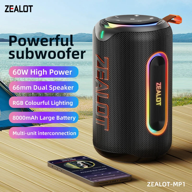 ZEALOT MP1 60W Portable Wireless Speaker, IPX6 Waterproof with RGB Lights, 8000mAh Battery, TWS Paring, TF/AUX/USB for Outdoor