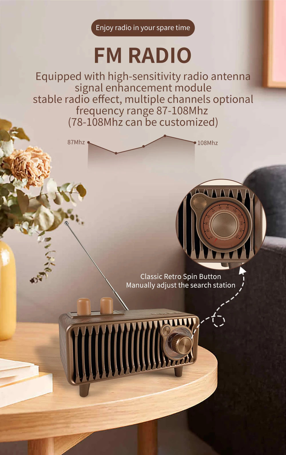 CYB-T7 20W Wooden Vintage Speaker - FM Radio, Wireless BT, TWS Pairing, AUX/TF/USB, Rotary Knob