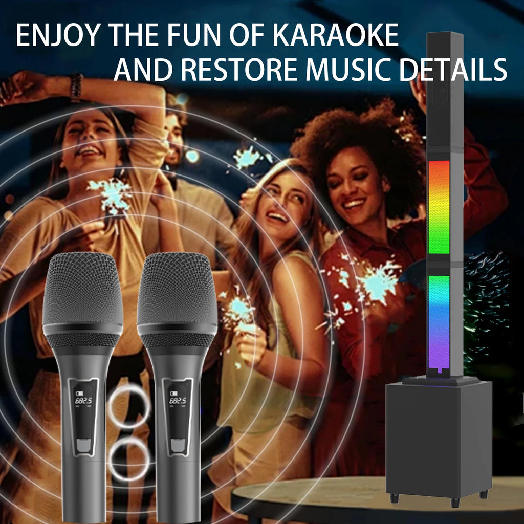 BS-68 45W Karaoke TV Soundbar with Subwoofer, RGB Lighting, 2 Wireless Microphones, Home Theater Party Speaker