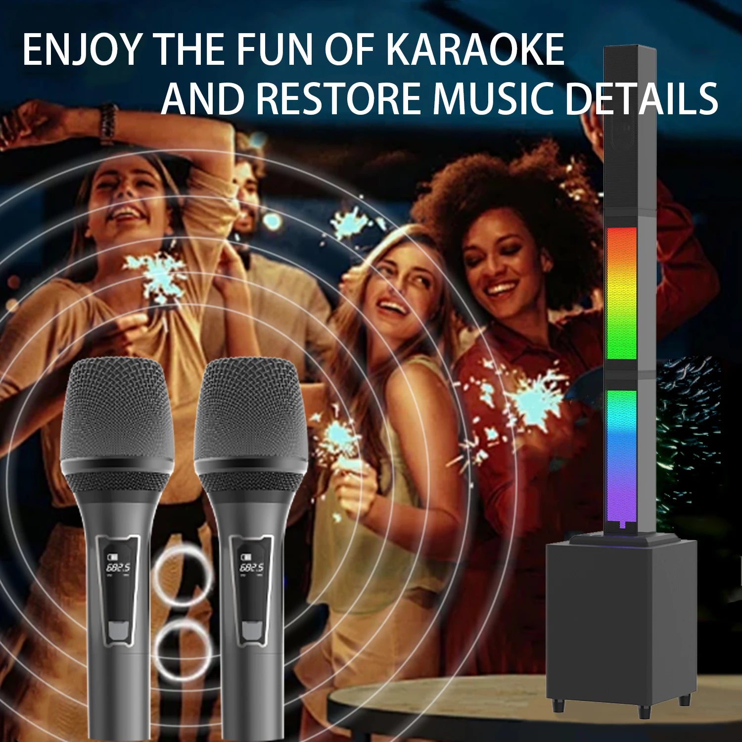 BS-68 45W Karaoke TV Soundbar with Subwoofer, RGB Lighting, 2 Wireless Microphones, Home Theater Party Speaker
