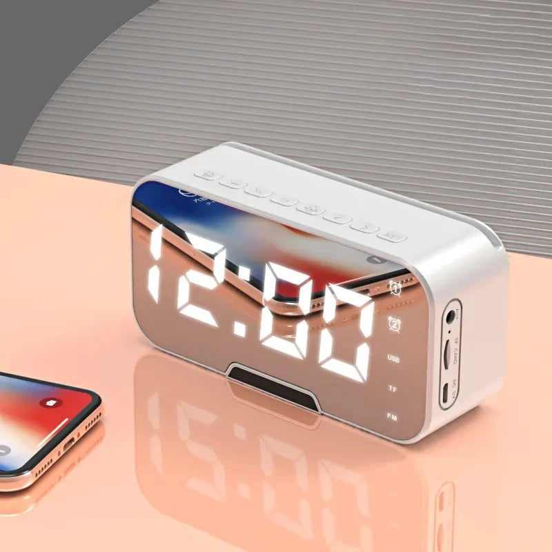 Portable for Bluetooth 5.2 Smart Alarm Clock Speaker LED Mirror with FM Radio Adjustable Home Computer Phone Holder