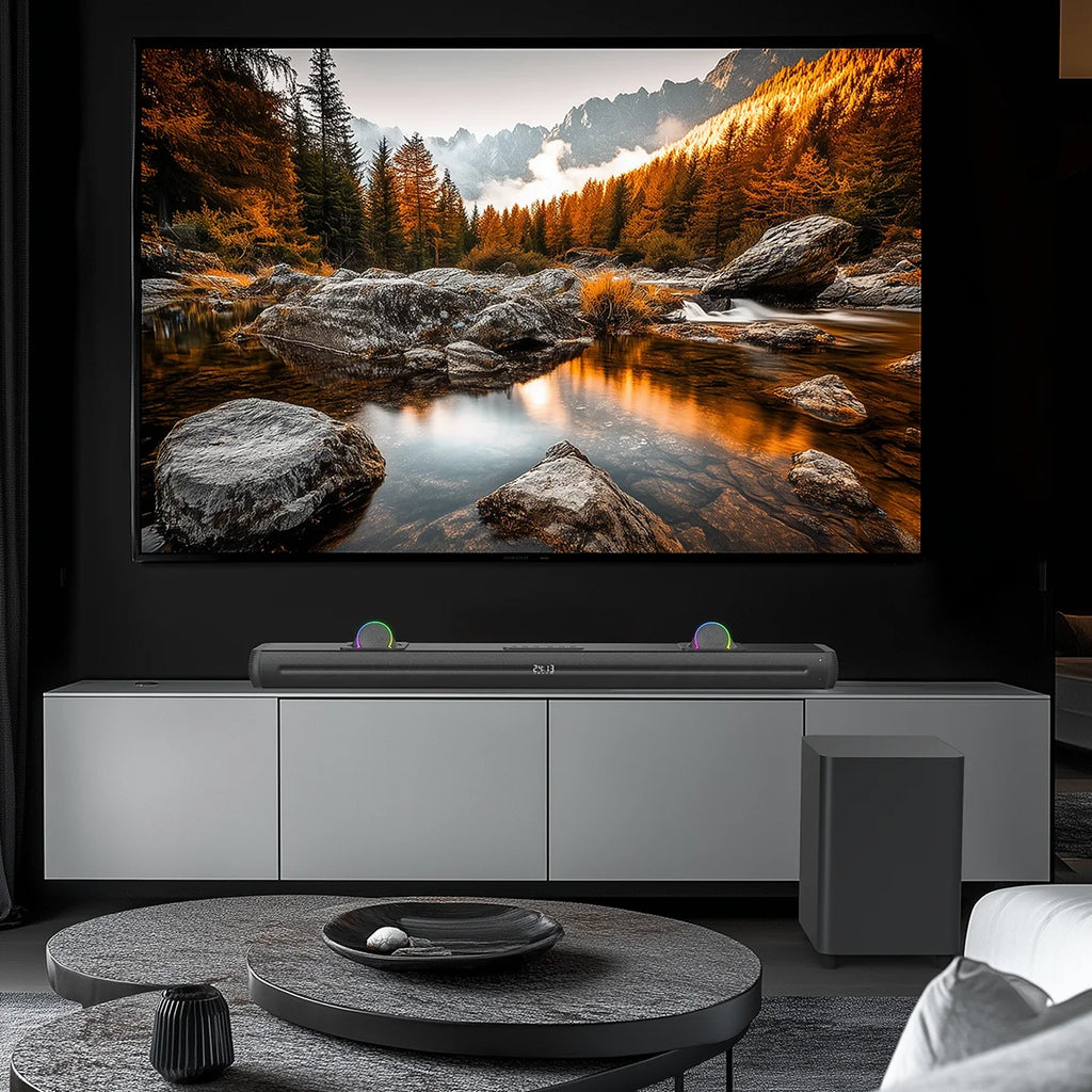 2.1CH Bluetooth Home Theatre Soundbar with Independent Wooden Subwoofer & Remote Control for TV & Indoor Use