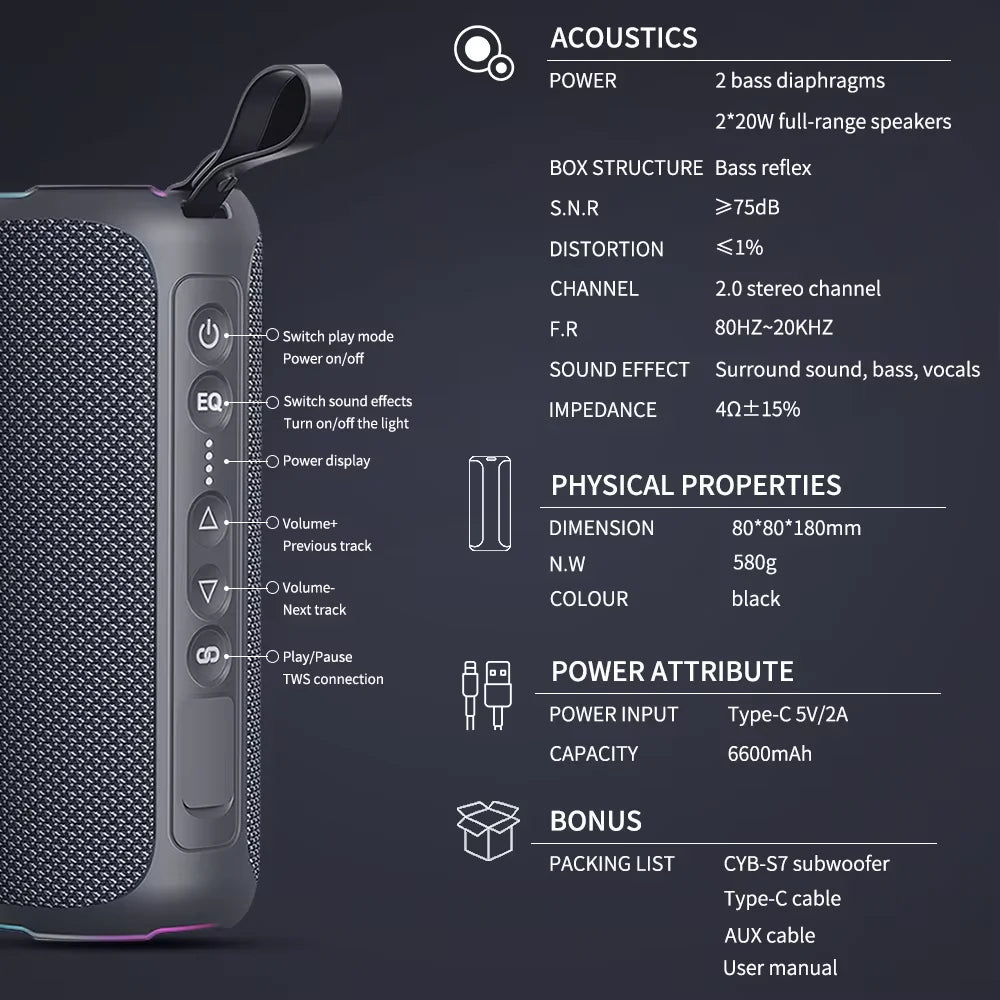 Waterproof IPX7 for 5.0 Portable Wireless Subwoofer with 3000-5000mAh Battery 30-50W Output Power for Home Theatre Spa Use