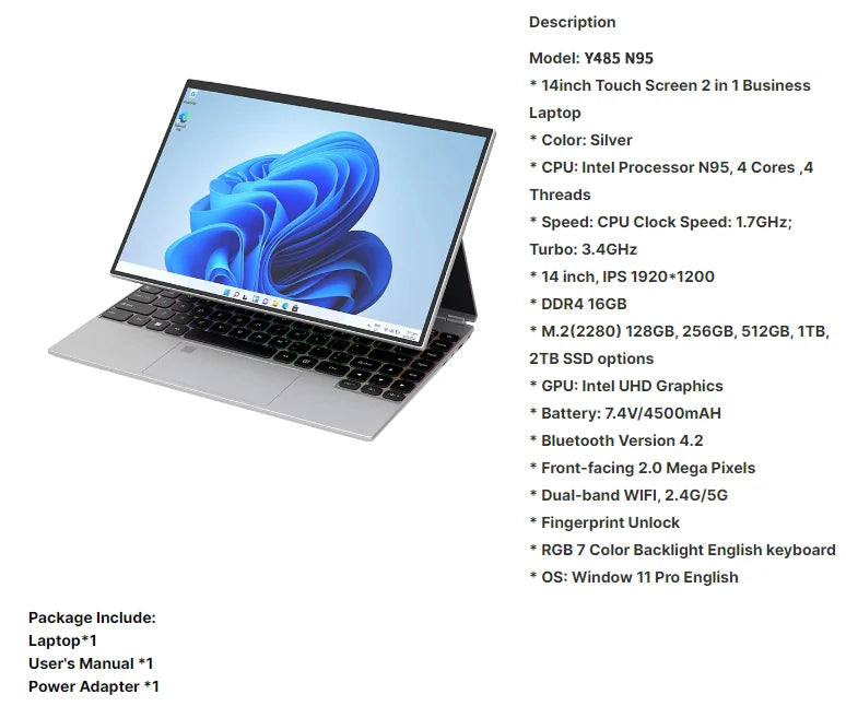 2026 Premium 14 Inch Yoga Laptop Intel N95 16GB RAM 1TB SSD Touch Screen 360°Rotating Win 11 Pro Business Notebook PC