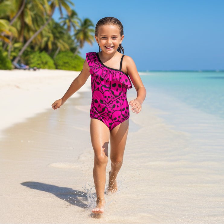 Girls Pink Pirate Skull Pattern One Piece Ruffled Swimsuit