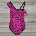 Girls Pink Pirate Skull Pattern One Piece Ruffled Swimsuit