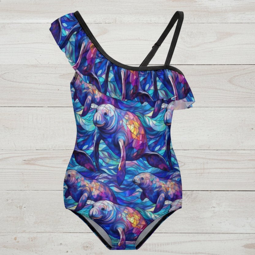 Ruffled One Piece Swimsuit For Girls | Manatee Pattern