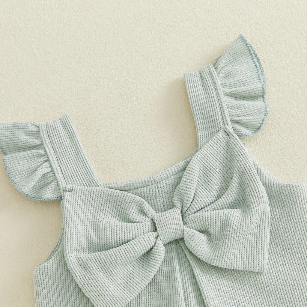 Summer Kids Girls Outfits Solid Color Flying Sleeve Tops Shorts Casual Clothes Set