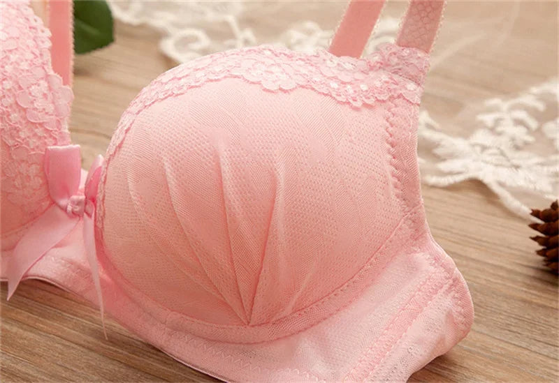 2pcs/set Solid Color Lace Bow Sexy No Steel Rings Comfortable Girls Bra Gather Adjustable Bra Panties Set Teen Underwear Puberty