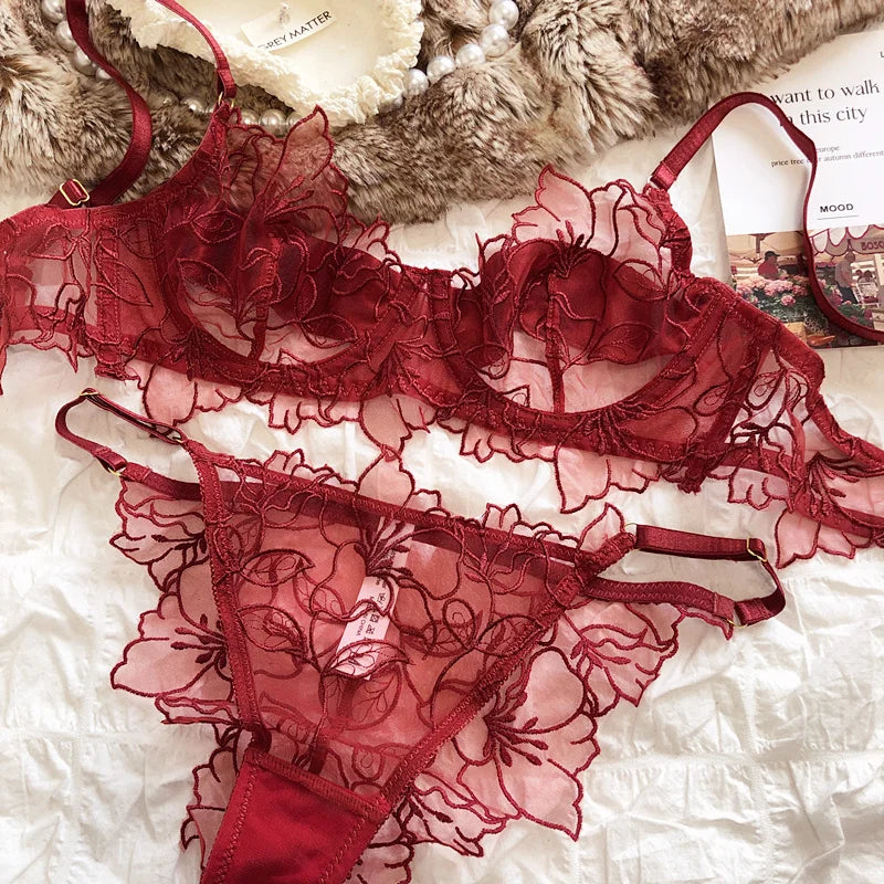 French Underwear Set Sexy Lace Flowers Embroidery Bra Set Women Intimates Summer Ultra Thin Breathable Bralette Lingerie Panties