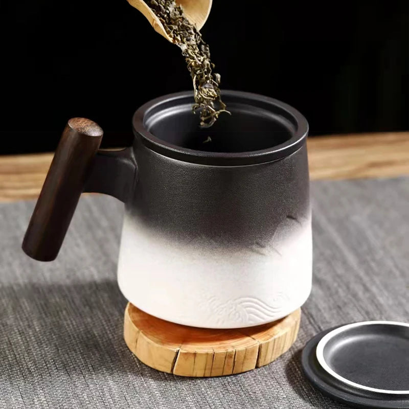 Creative Tea Cups and Mugs Ceramic Mug Thermal Coffee Cup Vintage Beer Water Cup Infuser Lid Wooden Handle Personalized Gifts