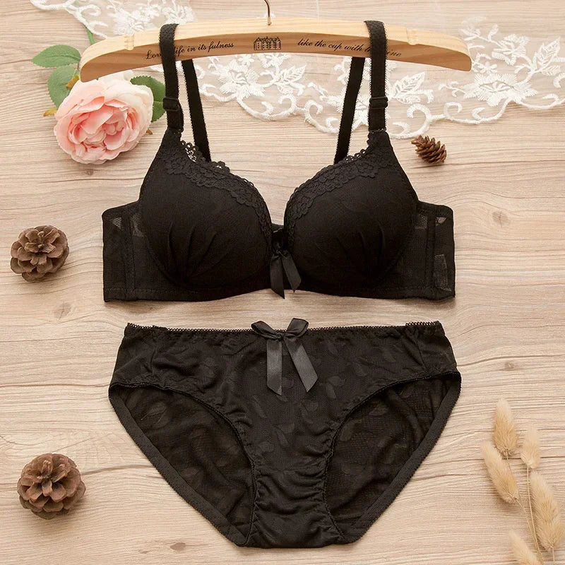 2pcs/set Solid Color Lace Bow Sexy No Steel Rings Comfortable Girls Bra Gather Adjustable Bra Panties Set Teen Underwear Puberty