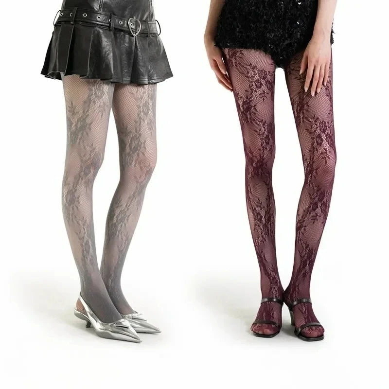 Lingerie Women Sexy Hollow Out Mesh Fishnet Pantyhose Lolita Sweet Girls Punk Style Floral Tights Colorful Thigh High Stockings