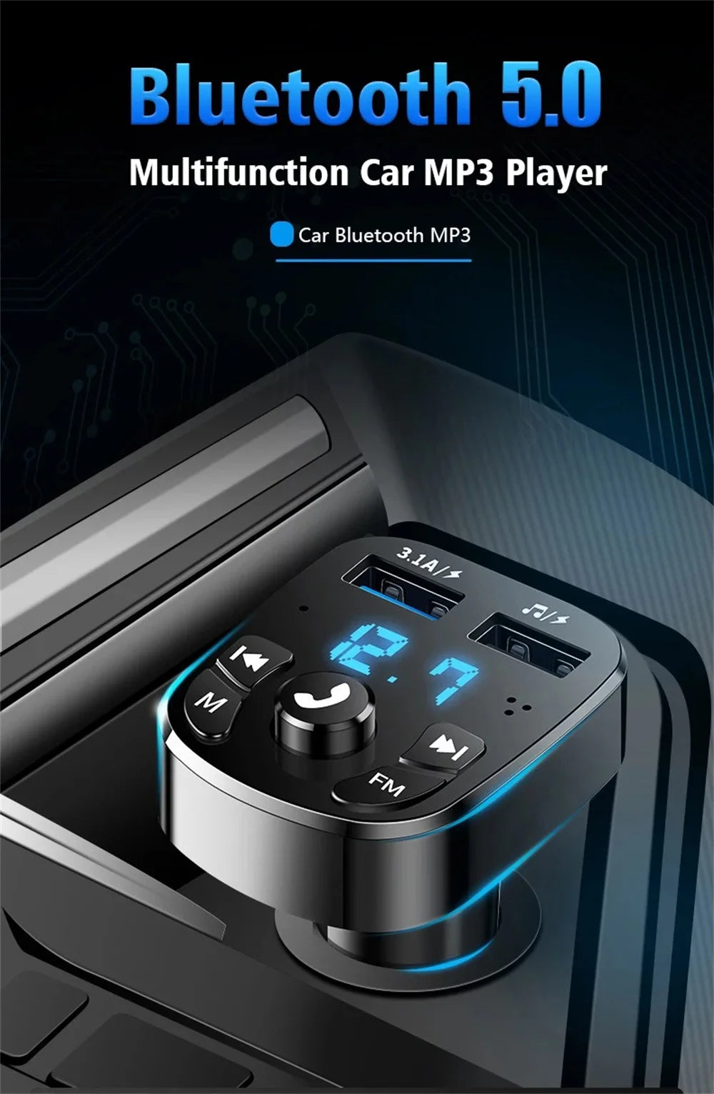 Bluetooth 5.0 Car Bluetooth Audio MP3 Player 3.1A Fast Charging Dual USB Car Charger Adapters Bluetooth FM Transmitter Receiver