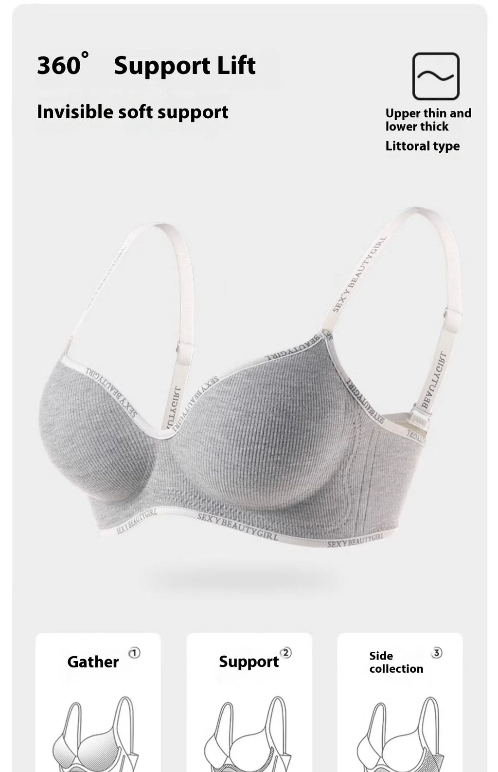 Lingerie Women Gathered Spring and Summer Non-marking Non-steel Ring Soft Support Anti-Sagging Bylift Letters Comfortable Bra