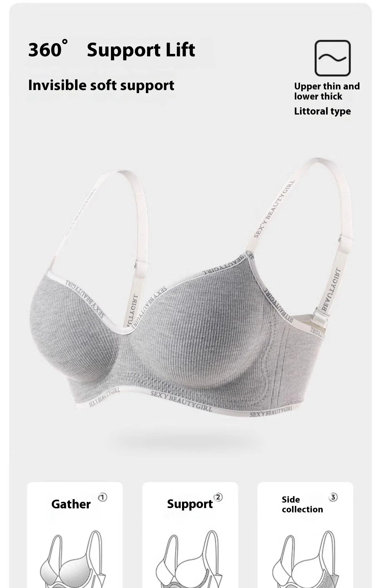 Lingerie Women Gathered Spring and Summer Non-marking Non-steel Ring Soft Support Anti-Sagging Bylift Letters Comfortable Bra