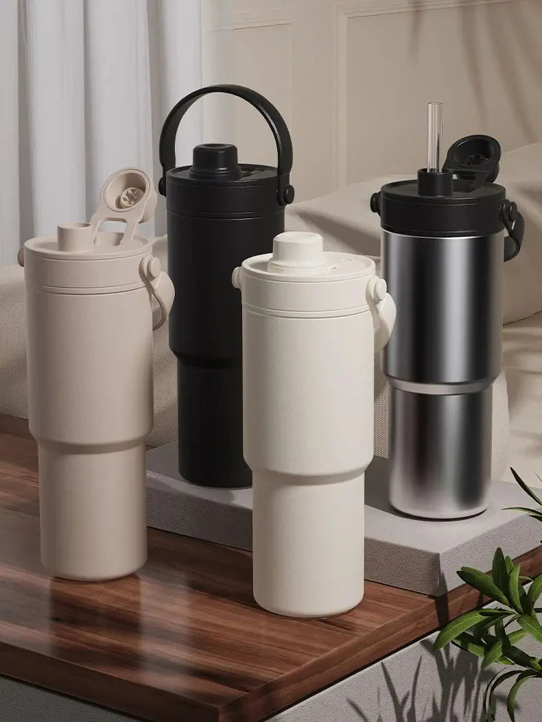 Ceramic Tumbler with Handle Thermal Mug Large 24OZ Straw Portable Cold Coffee Thermos Lined insulated Vacuum Flask Travel Bottle
